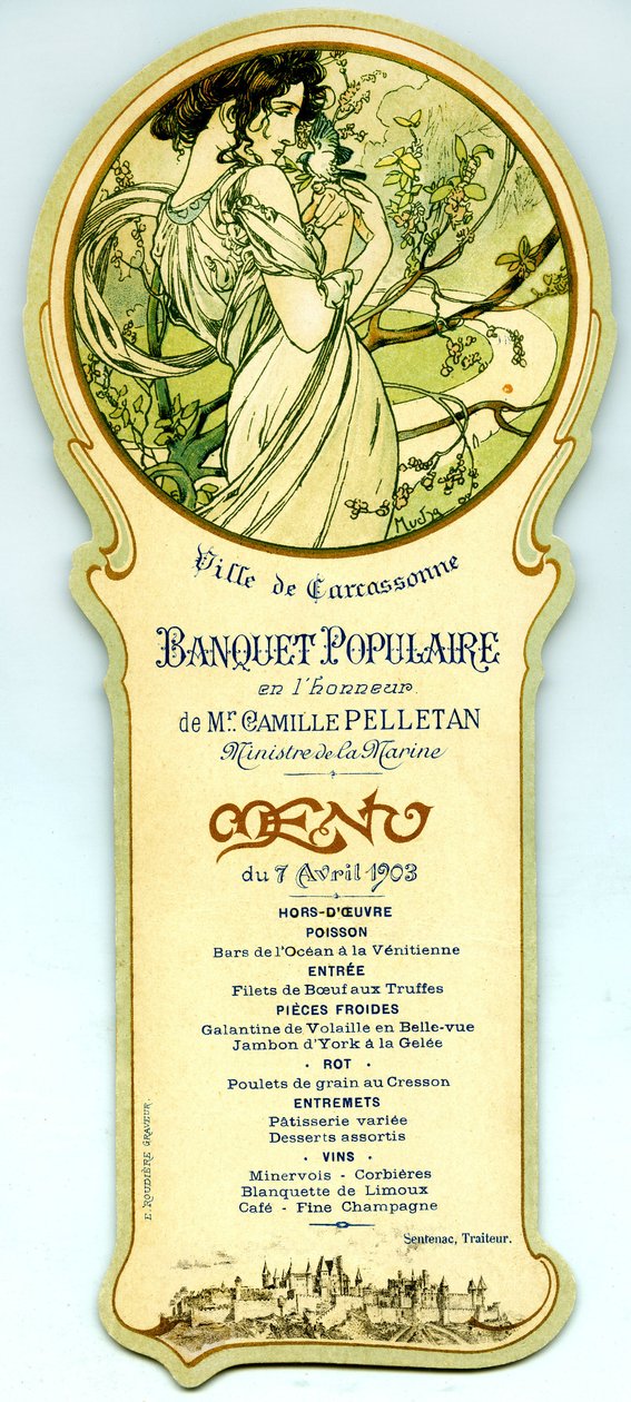 Menu oblíbeného banketu pořádaného v Carcassonne 7. dubna od Alphonse Mucha