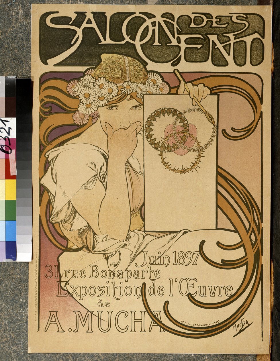 Plakát inzerující výstavu A. Muchy v Salon des Cent, 31 rue Bonaparte a Paris, červen 1897 (barevné lito) od Alphonse Mucha