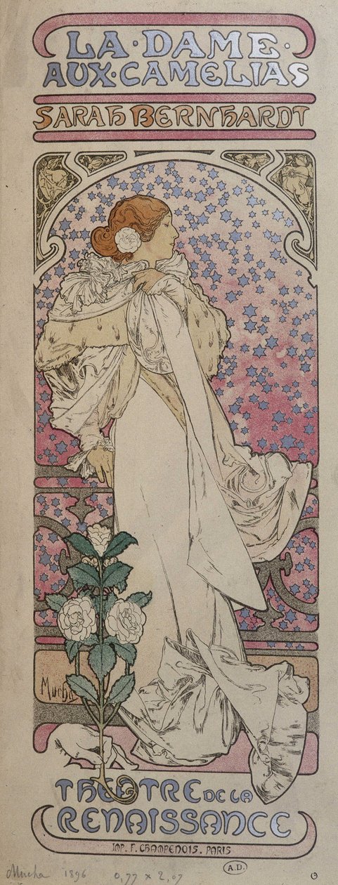 Plakát k „La dame au camélias““ v renesančním divadle s Henriette Rosine Bernard dit Sarah Bernhardt (1844-1923) – od Muchy od Alphonse Mucha