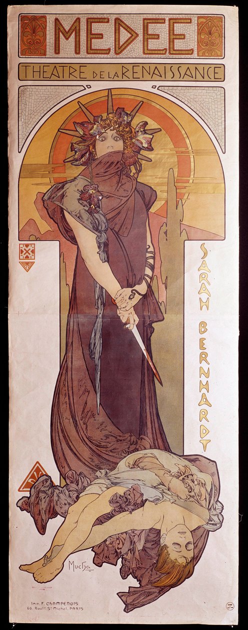 Plakát k „“Medee““ v podání Henriette Rosine Bernard dit Sarah Bernhardt (1844-1923) v renesančním divadle. Ilustrace Alphonse Mucha (1860-1939) Paříž, dekorativní umění od Alphonse Mucha