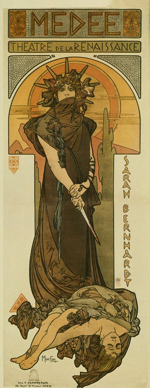 Sarah Bernhardt jako Medee v renesančním divadle. 1898 (litografie) od Alphonse Mucha