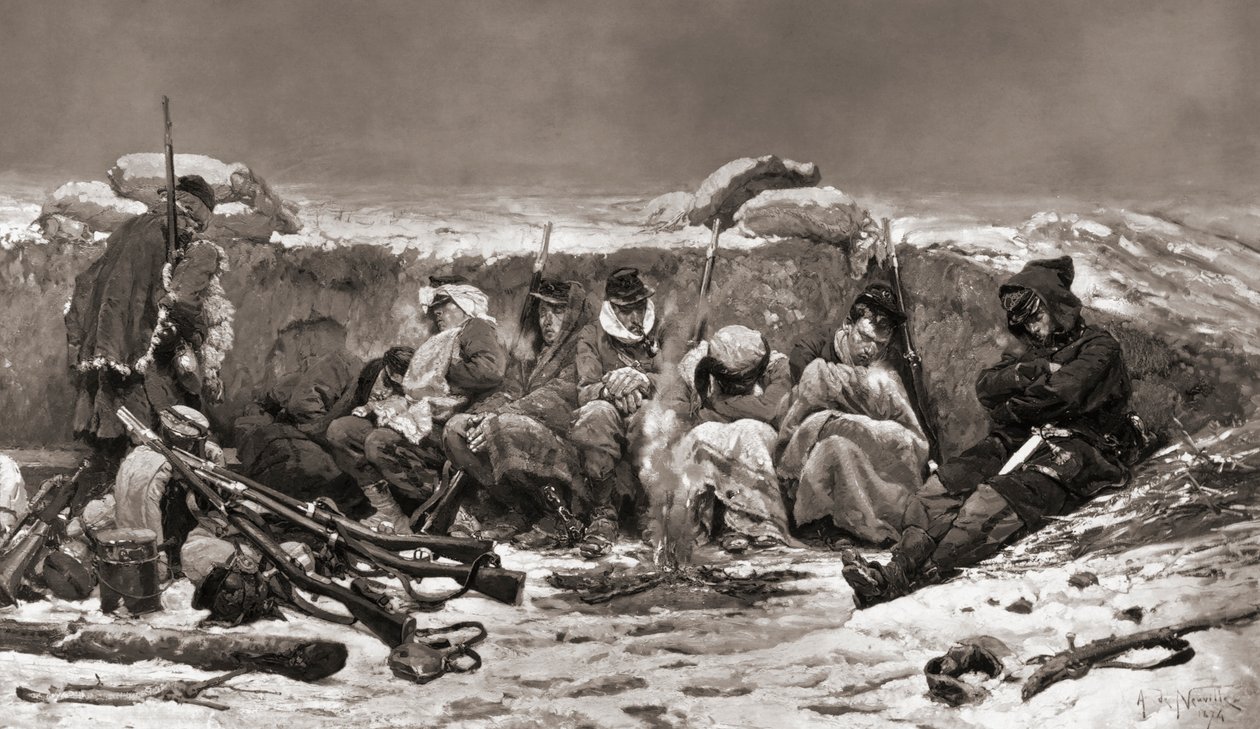 Francouzští vojáci v zákopu. Obléhání Paříže. francouzsko-pruská válka od Alphonse Marie de (after) Neuville