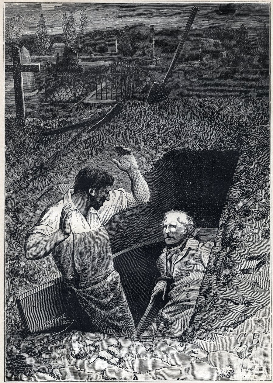 Vzkříšení je skoro stejně děsivé jako smrt: Fauchelevent a Jean Valjean - Ilustrace Alphonse de Neuville (1836-1885) pro „Les mizerables - Druhá část: Cosette“ od Victora Huga (1802-1885) 1862 od Alphonse Marie de Neuville