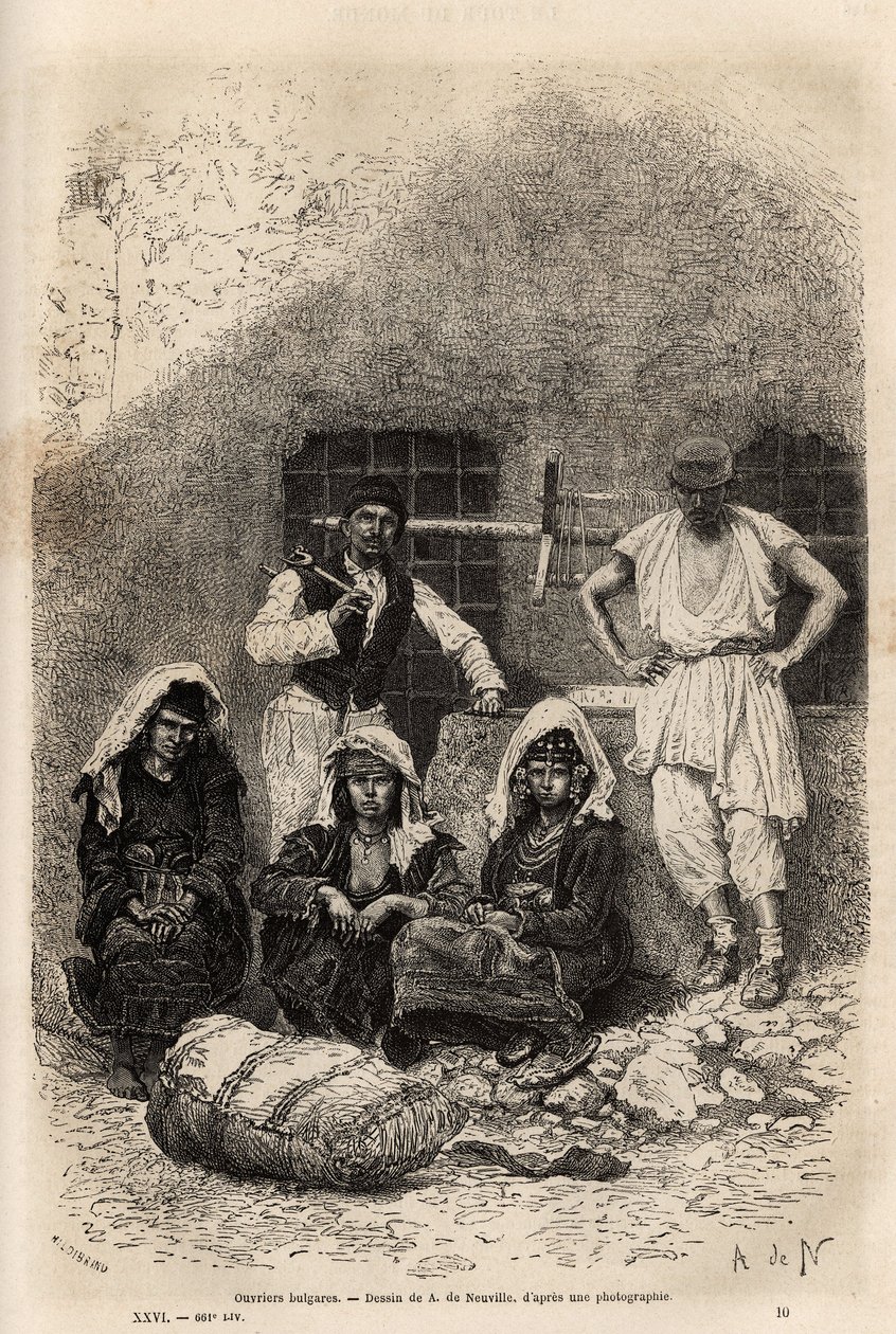 Bulharští dělníci, poblíž Sophie, rytina podle kresby A. De Neuville, ilustrující cestu do Bulharska, od Guillauma Lejeana, v roce 1867, publikovaná v „“Le tour du monde““ 1873, editoval Edouard Charton, vydání Hachette, Paříž . Kolekce Selva od Alphonse Marie de Neuville