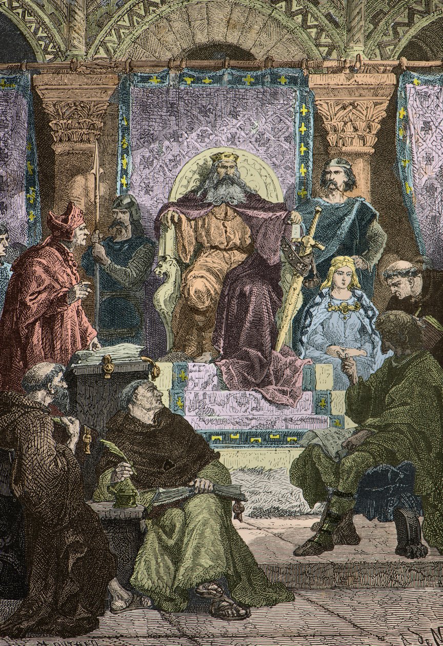 Karel Veliký předsedá palácové akademii v přítomnosti Alkuina (Rytina) od Alphonse Marie de Neuville
