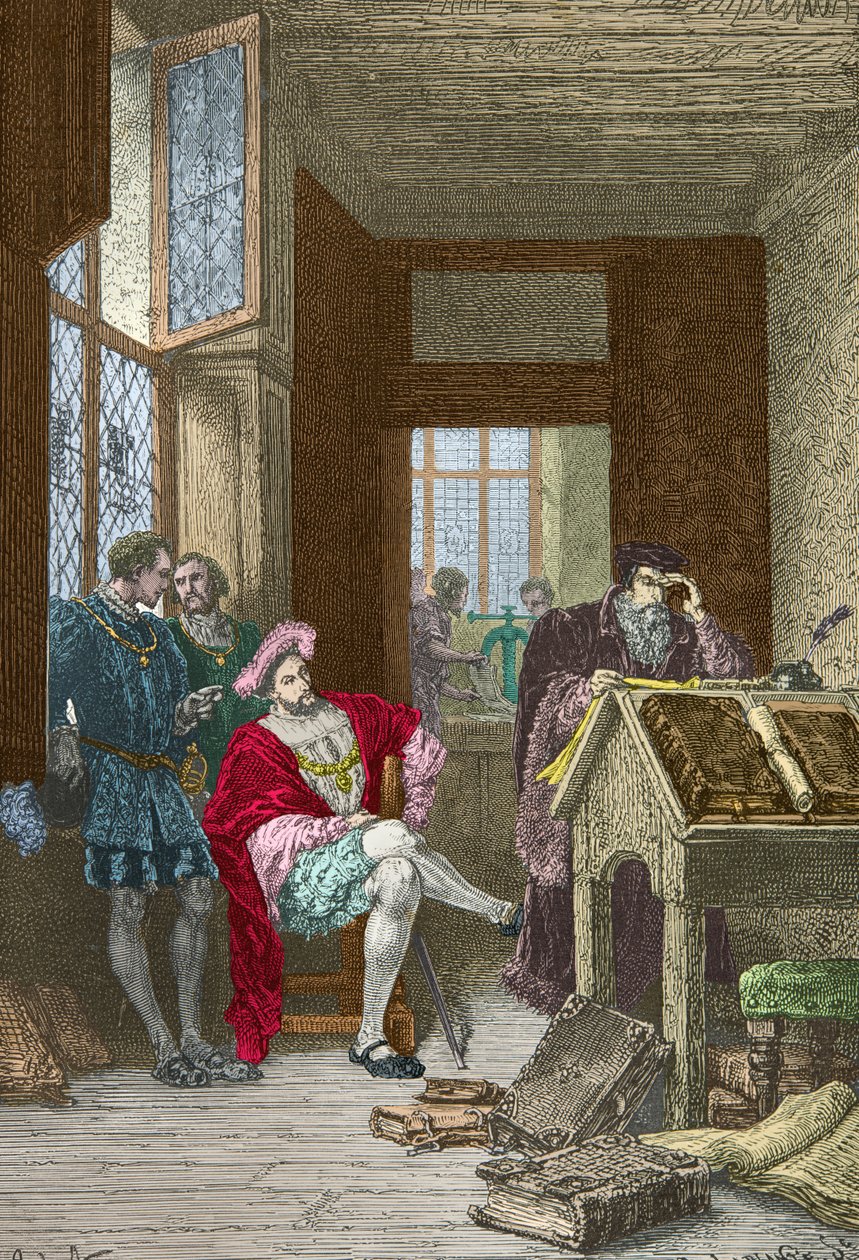 Francois 1er na návštěvě v tiskárně Roberta Estienna (Rytina) od Alphonse Marie de Neuville