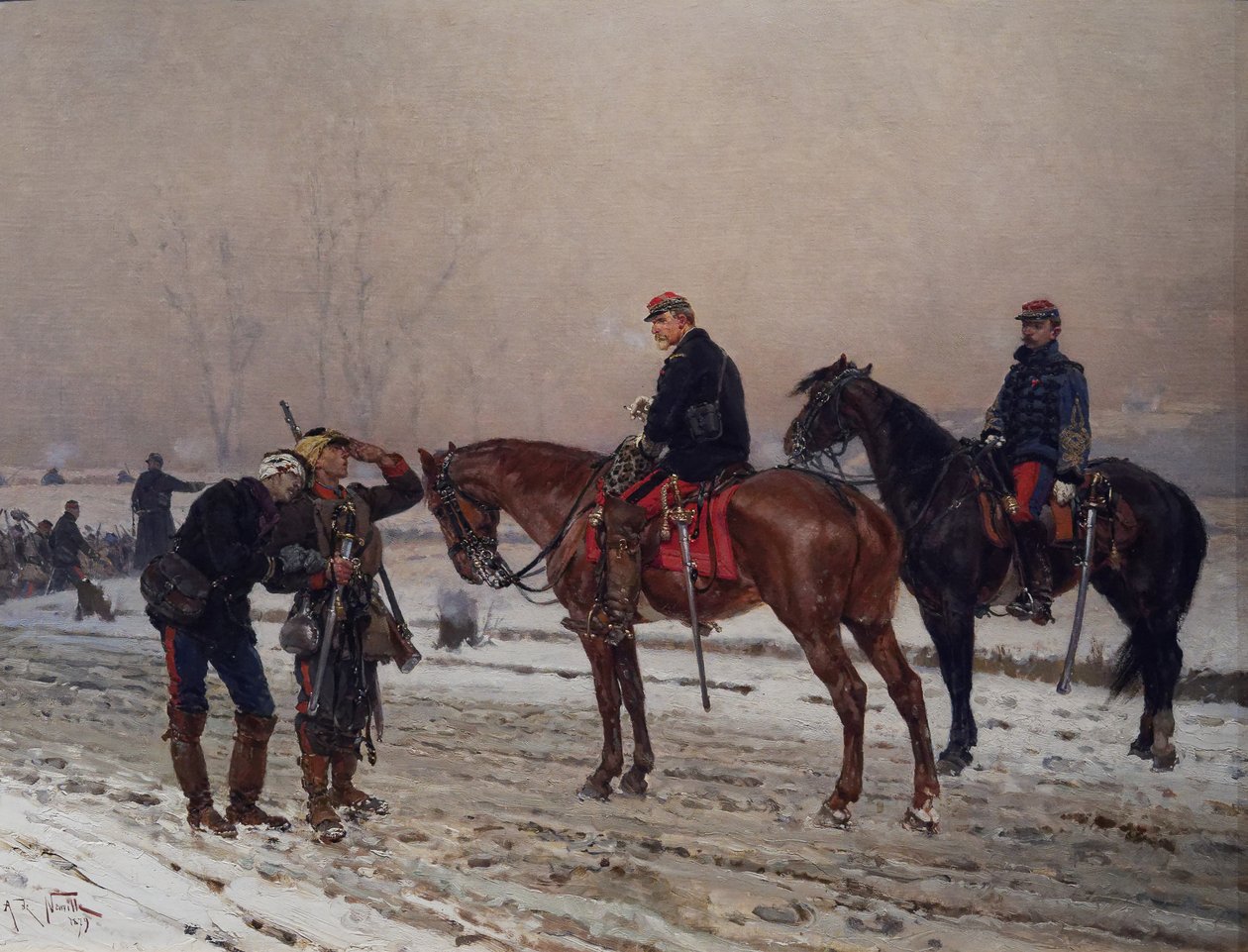 Obecný výslech mobilního strážce podporujícího zraněného důstojníka, prosinec 1870 od Alphonse Marie de Neuville