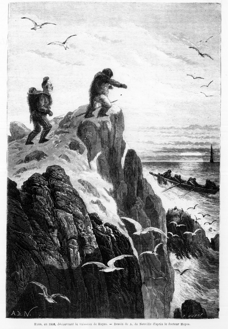 Hans v roce 1860, když objevil Hayesovu loď - kresba z Neuville od Dr. Hayese v „Svobodné moře pólu, objevná cesta v arktických mořích od Alphonse Marie de Neuville