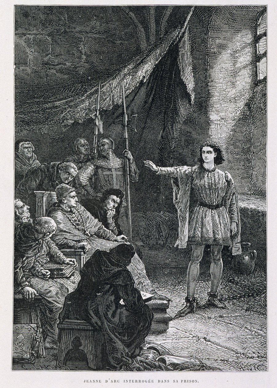Johanka z Arku vyslýchána ve svém vězení - v „“ Histoire de France““ od Guizota, rytina De Neuville od Alphonse Marie de Neuville