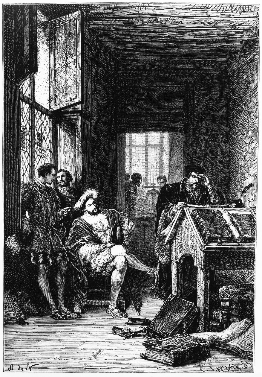 Francouzský král František I. v dílně Roberta Estienna, tisk C. Laplante, ilustrace z „Dějin Francie“ od Francoise Guizota, vydáno 1879 od Alphonse Marie de Neuville