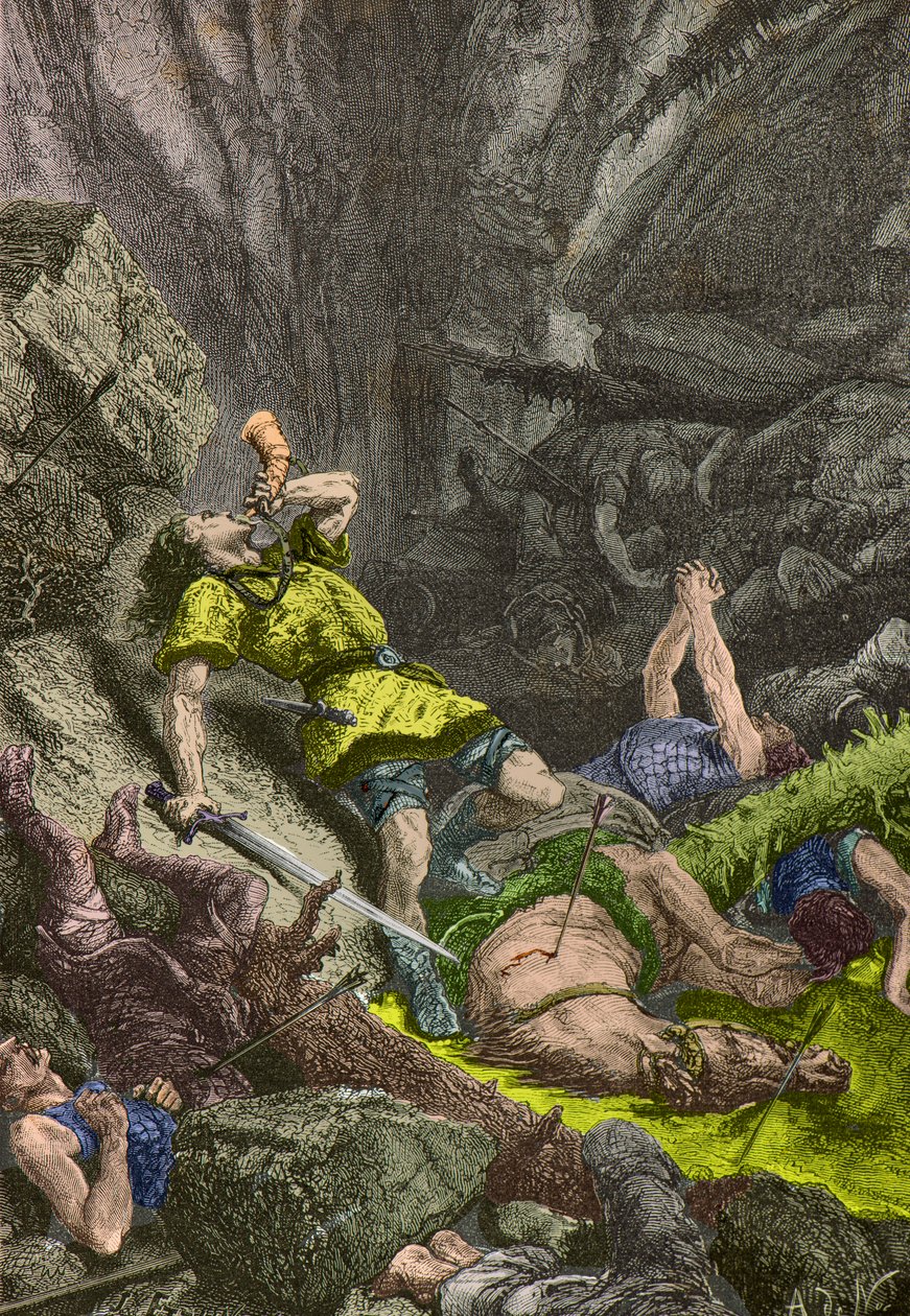 Rytíř Roland troubí na roh u Roncesvalles v roce 778 (rytina) od Alphonse Marie de Neuville