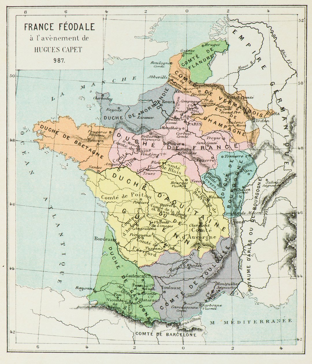 Mapa Francie v roce 987 (rytina) od Alphonse Marie de Neuville