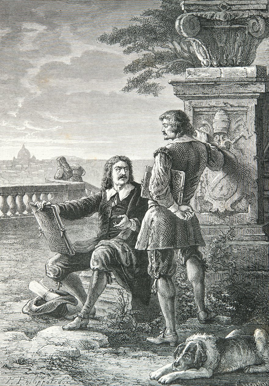 Portrét Nicolase Poussina a Clauda Gellee dit Le Lorrain v Římě (rytina) od Alphonse Marie de Neuville
