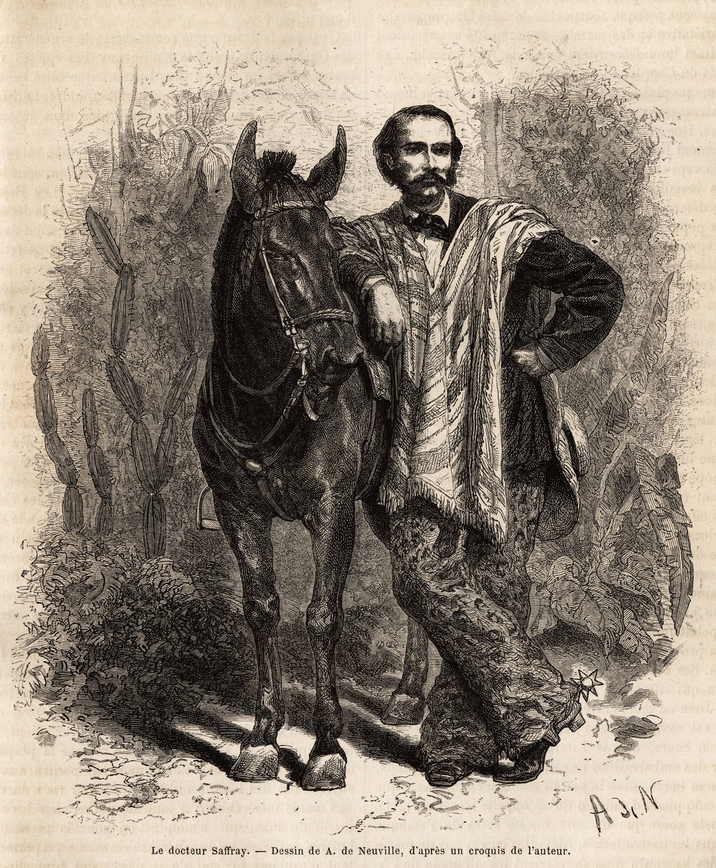 Portrét Dr. Saffraye, paže na koni, v cestovních šatech, rytina podle kresby A. de Neuville, znázorňující cestu do Nové Granady, od Dr. Saffraye, v roce 1869, publikovaná v „“Le tour du monde““ “ 1873, editoval Edouard Charton, Hachette editi od Alphonse Marie de Neuville