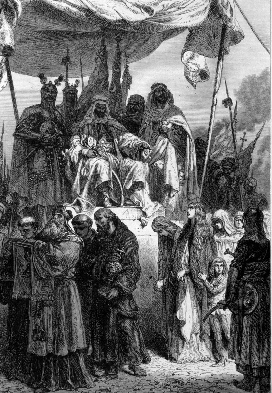 Jeruzalémští křesťané odjíždějící před Saladinem (1138-1193) (Salah al-Din Yusuf al-Ayyubi (al-Ayyubi) po dobytí města v roce 1187. Rytina Neuville 1879. od Alphonse Marie de Neuville