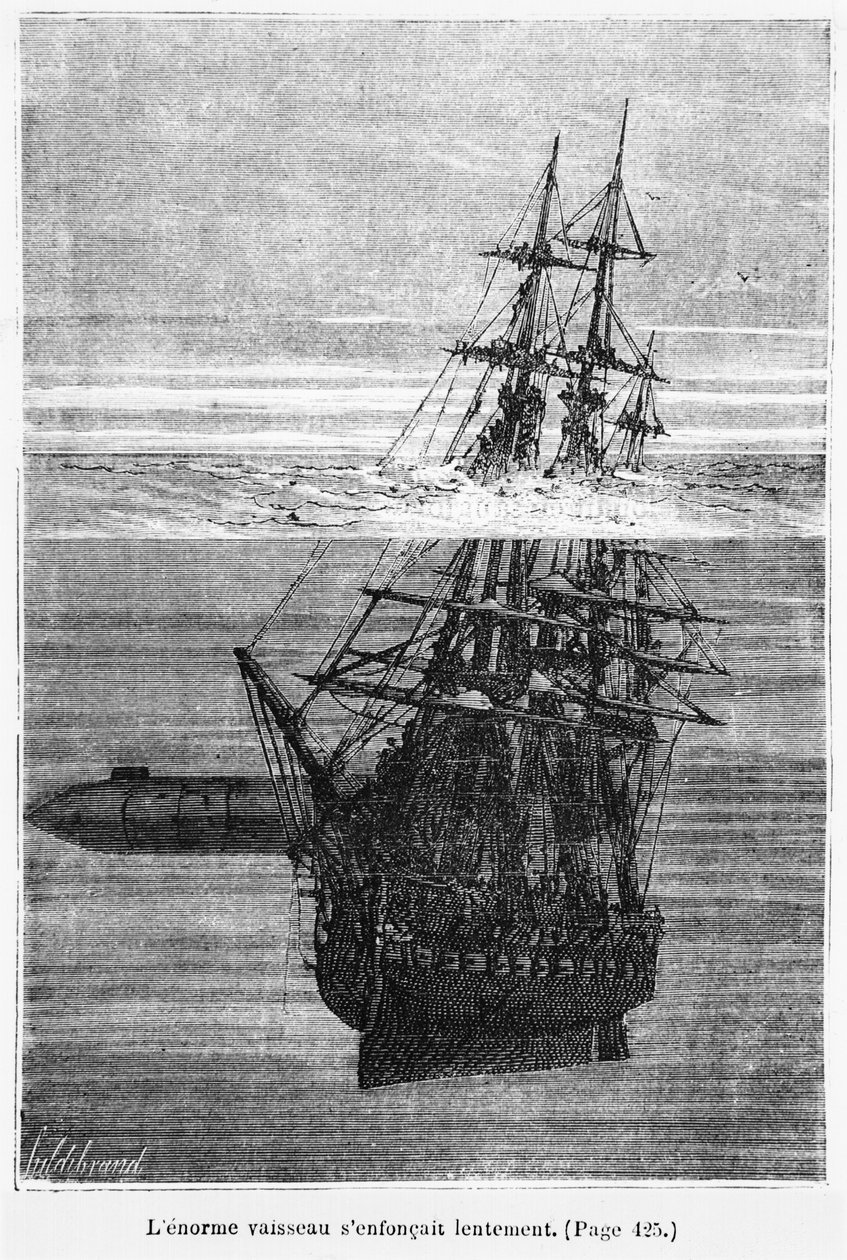 Nautilus, ilustrace z „20 000 mil pod mořem“ od Julese Verna (1828-1905), vyrytý Henri Theophilem Hildibrandem (1824-97) Paris, Hetzel, vydáno 1877 od Alphonse Marie de Neuville