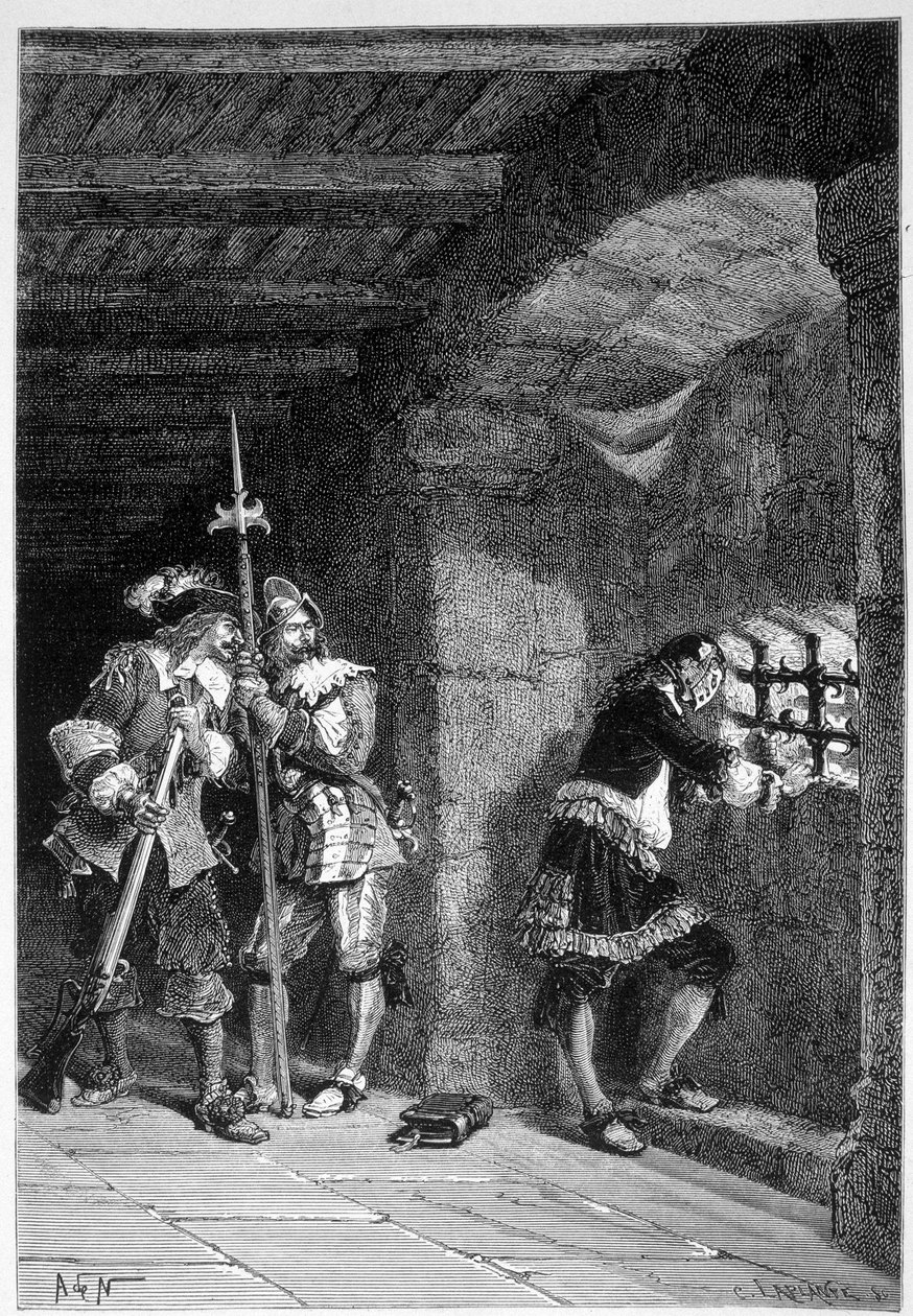 Železná maska v jeho cele vězení ostrovní svaté Marguerite - v „“ Histoire de France““ od Guizota, rytina De Neuville od Alphonse Marie de Neuville