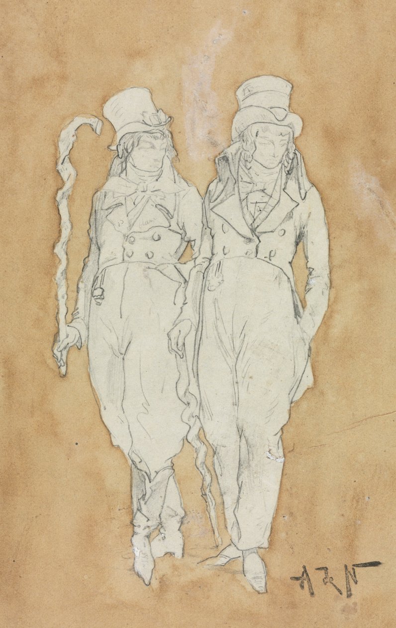 Dva mladí muži módy stojící, druhá polovina 19. století. od Alphonse Marie de Neuville