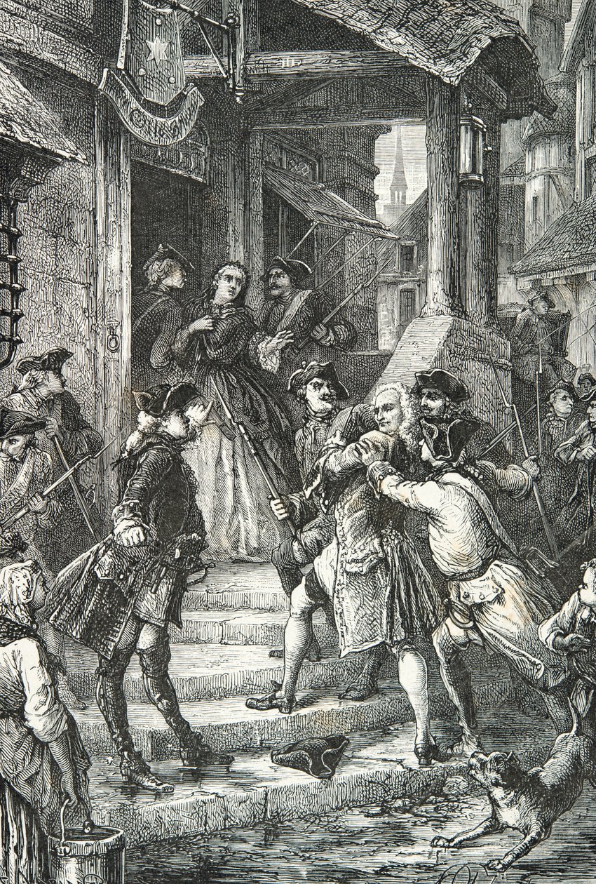 Voltaire je zatčen ve Frankfurtu od Alphonse Marie de Neuville