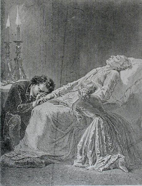 Smrt Jeana Valjeana, ilustrace z Les Miserables od Victora Huga (1802-85) od Alphonse Marie de after Neuville