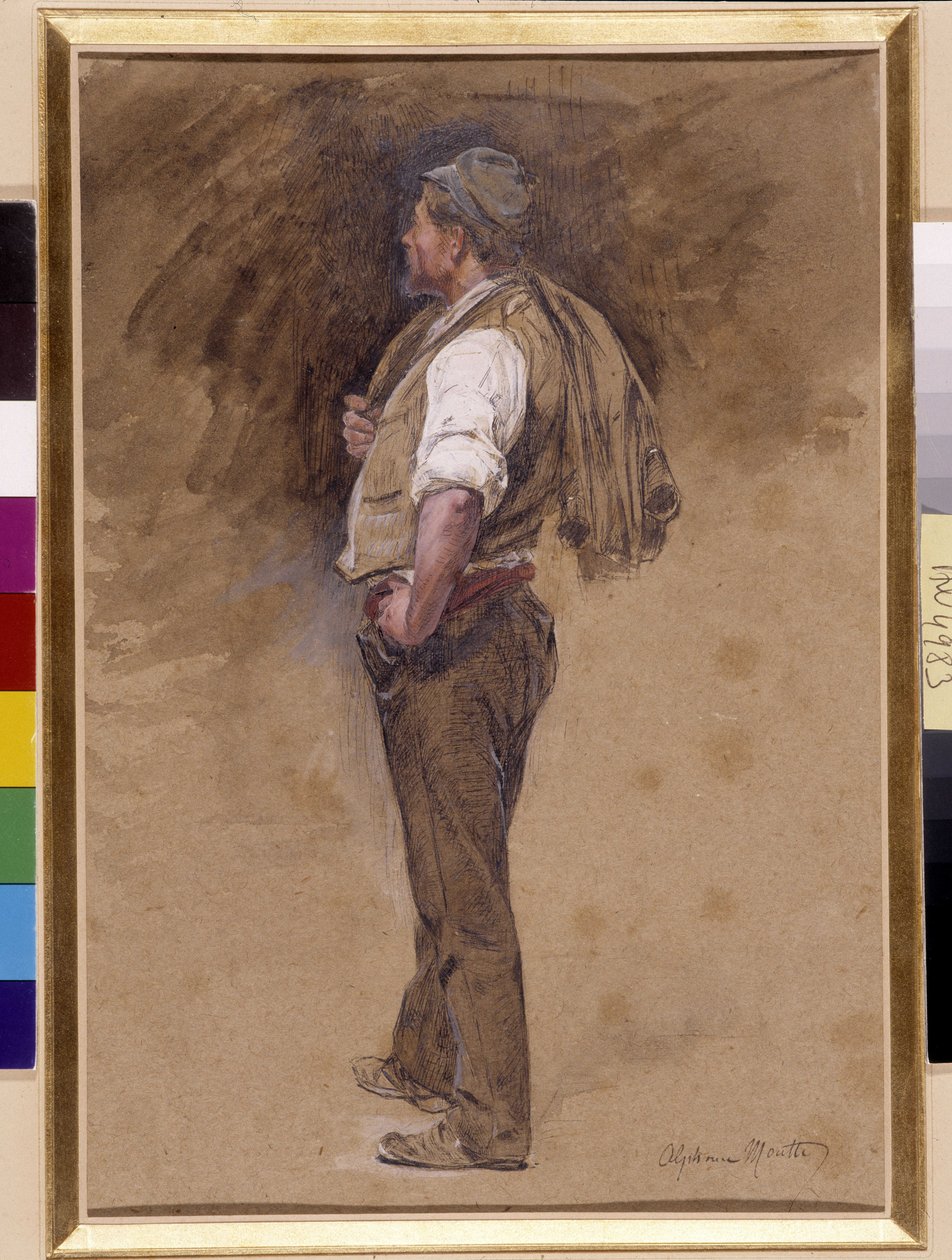 Farmář má bundu na hlavě. Obraz od Alphonse Moutteho (1840-1913), povinná zmínka: Založení sbírky v Provence, Marseille (rozměr v cm 27x18) od Alphonse Moutte
