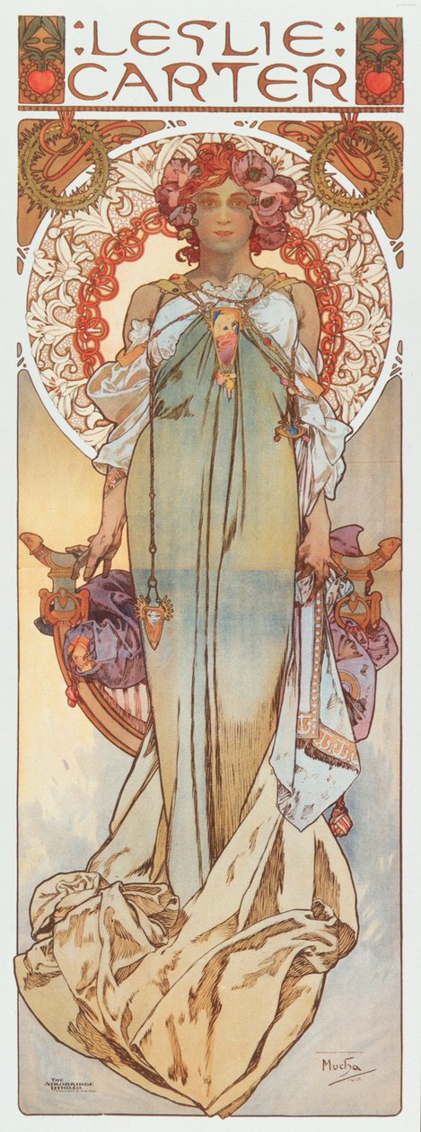 Reklamní ilustrace Alphonse Muchy představující divadelní herečku Leslie Carter v její nové hře „“ Kassa“ - 1908 Rozměr 78x209 cm Soukromá sbírka od Alphonse Mucha