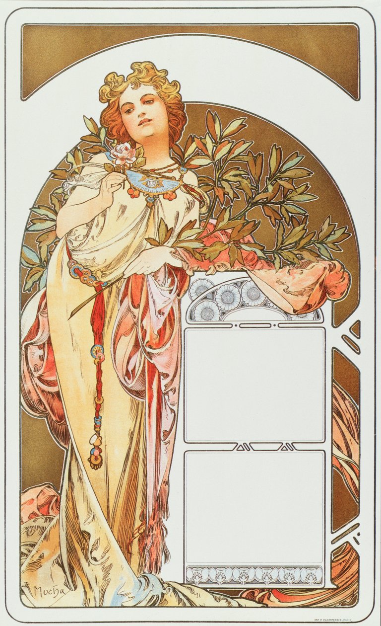 Reklamní plakát Alphonse Muchy (1860-1939) na kalendář 1898 - Rozměr 31x51 cm Reklamní plakát Alphonse Muchy na kalendář, 1898 - soukromá sbírka od Alphonse Mucha