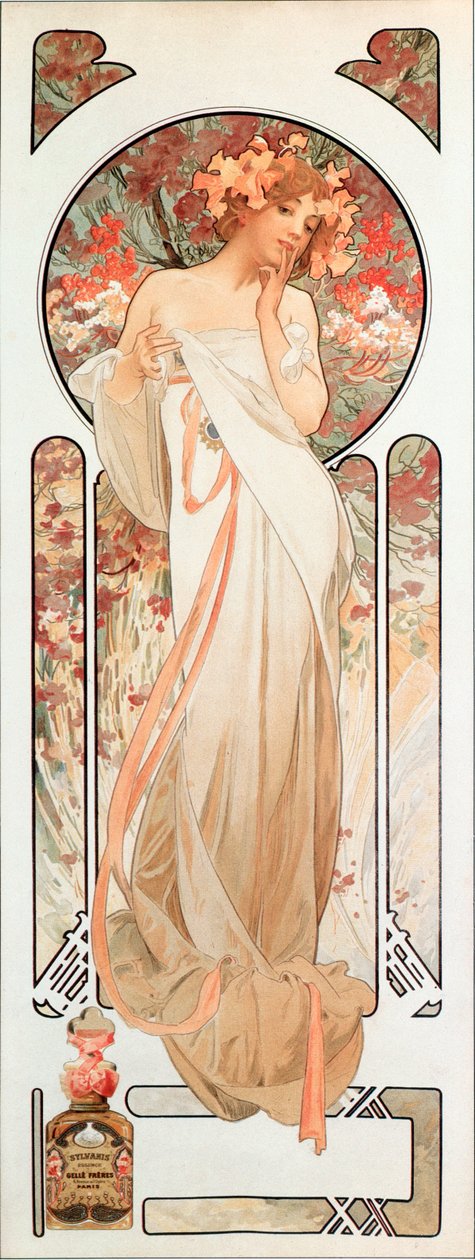 Reklamní plakát Alphonse Muchy (1860-1939) na vůni “Sylvanis essence” 1899 - Rozměr 21x61 cm Reklamní plakát Alphonse Muchy na parfém “” Sylvanis essence “” 1899 - Private col od Alphonse Mucha