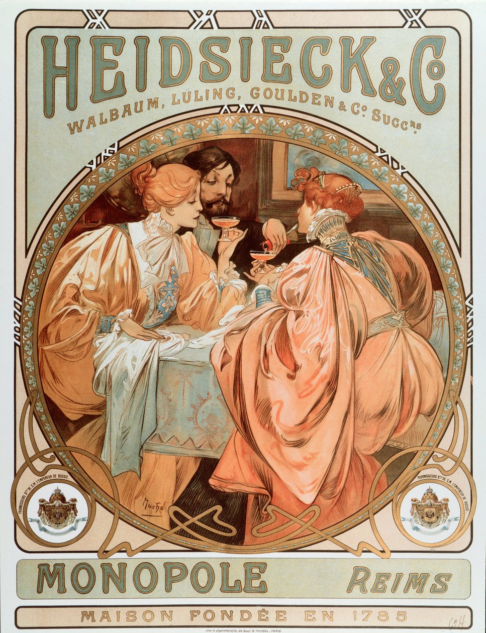 Reklamní plakát pro “” Heidsieck a spol “” Maison de Champagne Charles Heidsieck, litografie Alphonse Mucha (1860-1939) 1901 - Reklamní plakát pro společnost Heidsieck Champagne, 1901 - Ne 49x od Alphonse Mucha