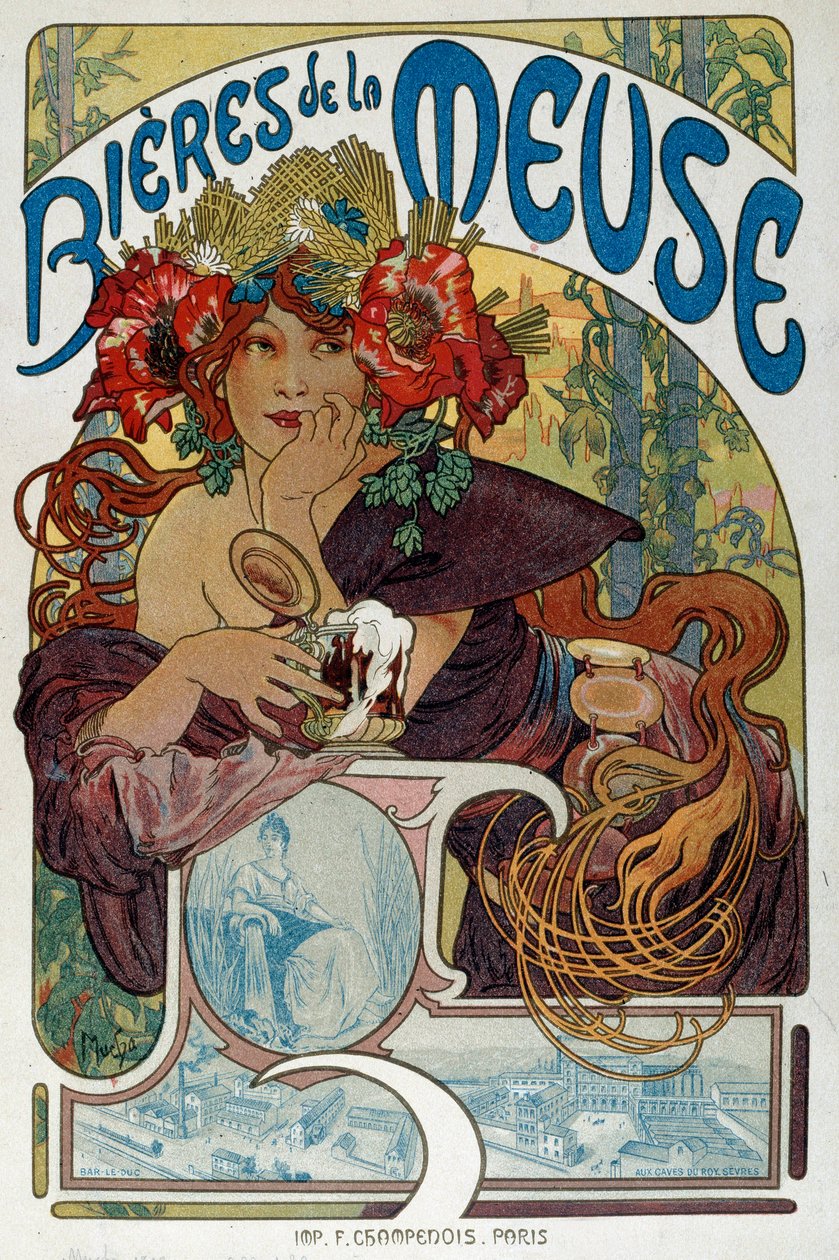 Reklamní plakát pro „Les bieres de la Meuse““ ilustrovaný Alphonsem Muchou (1860-1939) 1898 Paříž, dekorativní umění od Alphonse Mucha