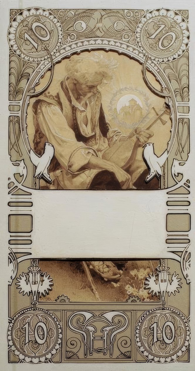 Návrh poštovní známky ve dvou částech od Alphonse Mucha
