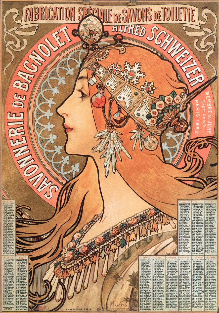 Kalendářní stránka roku 1898 ozdoba reklamní ilustrace Alphonse Muchy (1860-1939) pro mýdlovou společnost Savonnerie de Bagnolet Alfred Schweizer - Reklamní ilustrace Alphonse ( od Alphonse Mucha