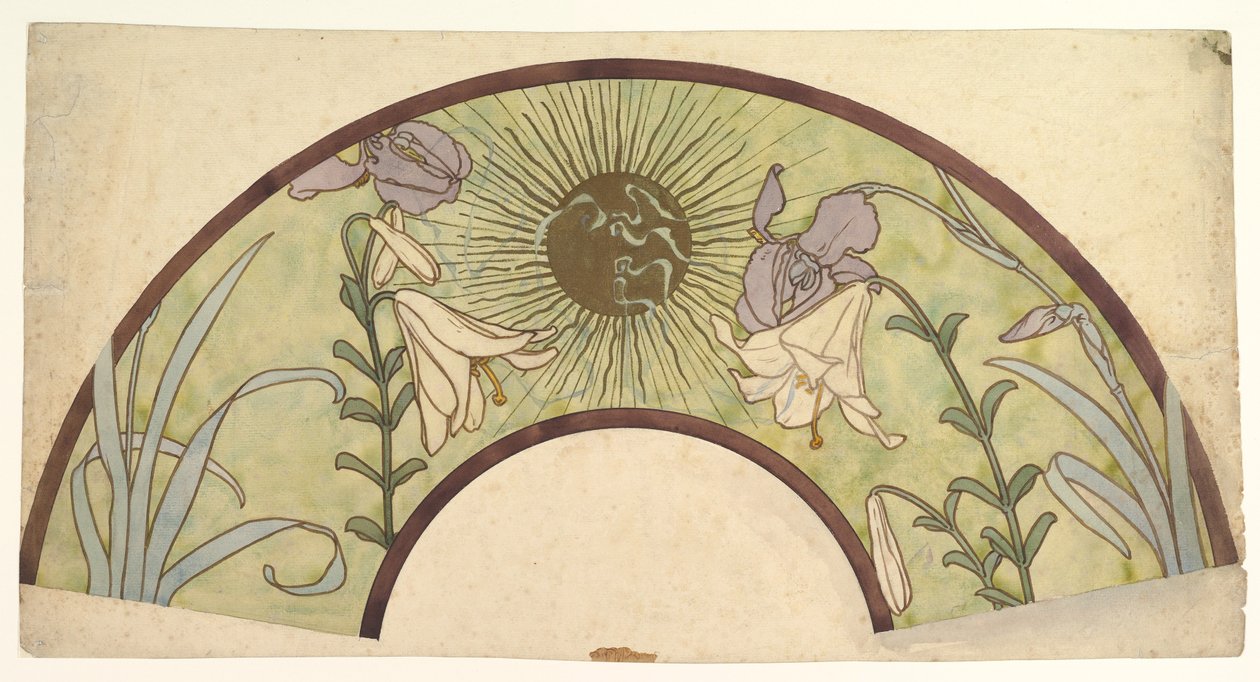Design pro vějíř s sunburstem, liliemi a kosatci, konec 19. - polovina 20. století od Alphonse Mucha
