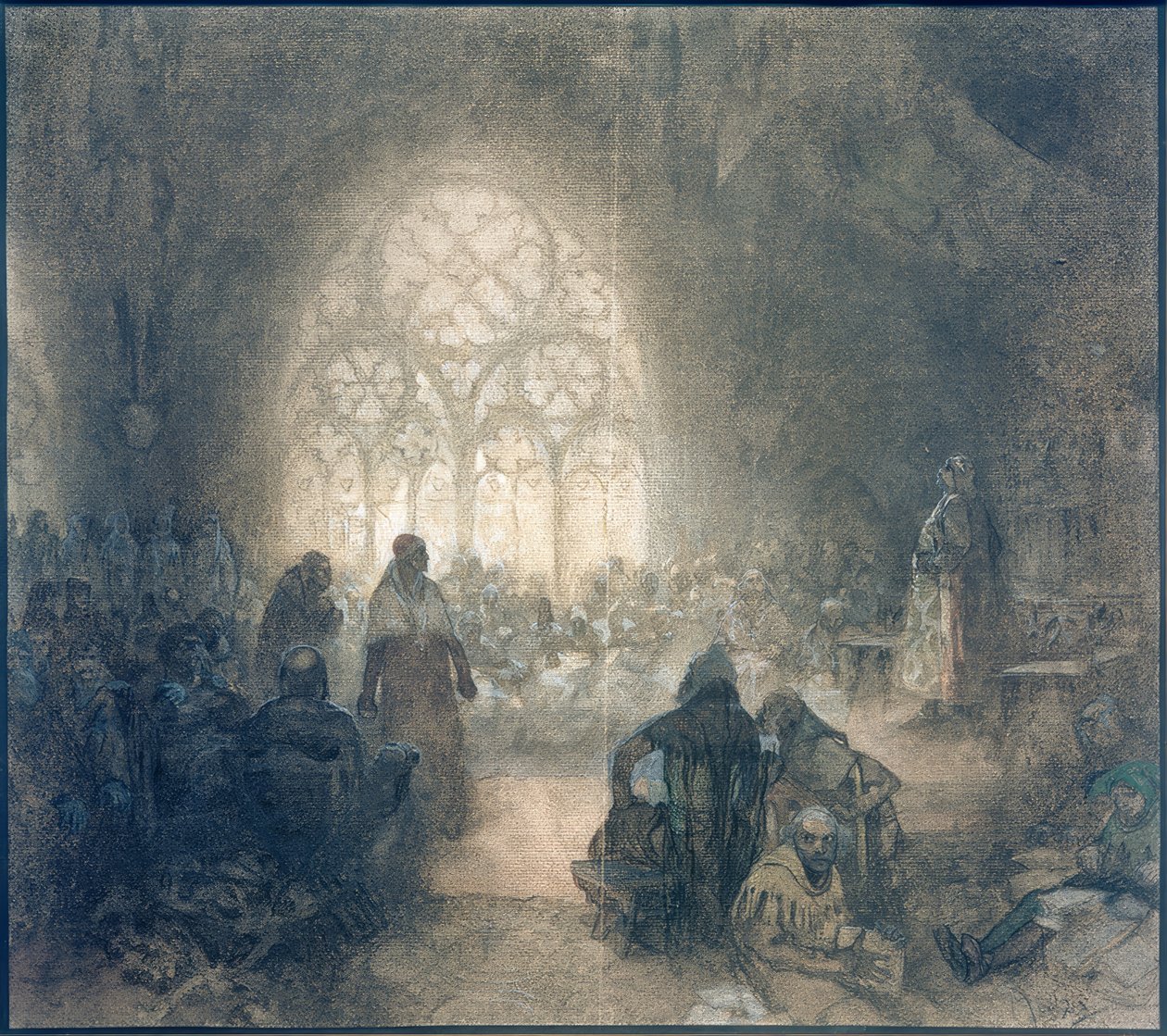 Georg von Poděbrad u. Papstlegat F. de Valle, 1462 od Alphonse Mucha