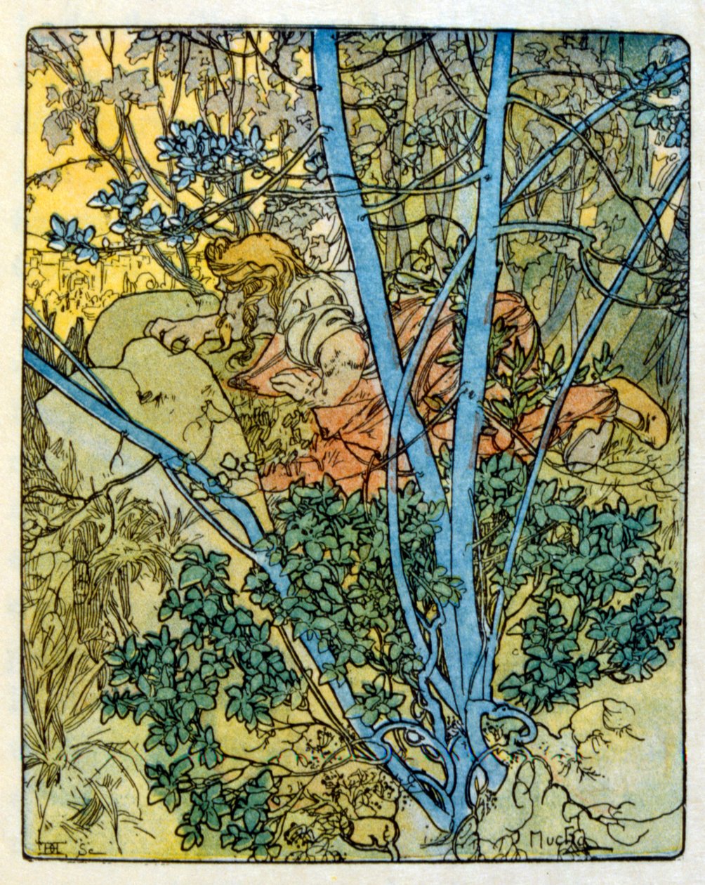 Ilustrace Alphonse Muchy z "Clia" díla francouzského autora Anatole France. 1900. Mucha (1860 – 1939). byl český secesní malíř od Alphonse Mucha