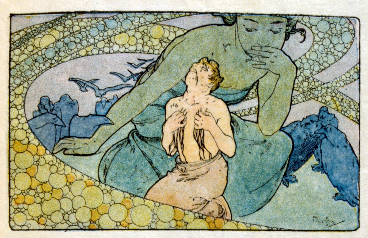 Ilustrace Alphonse Muchy z "Clia" díla francouzského autora Anatole France. 1900. Mucha (1860 – 1939). byl český secesní malíř od Alphonse Mucha