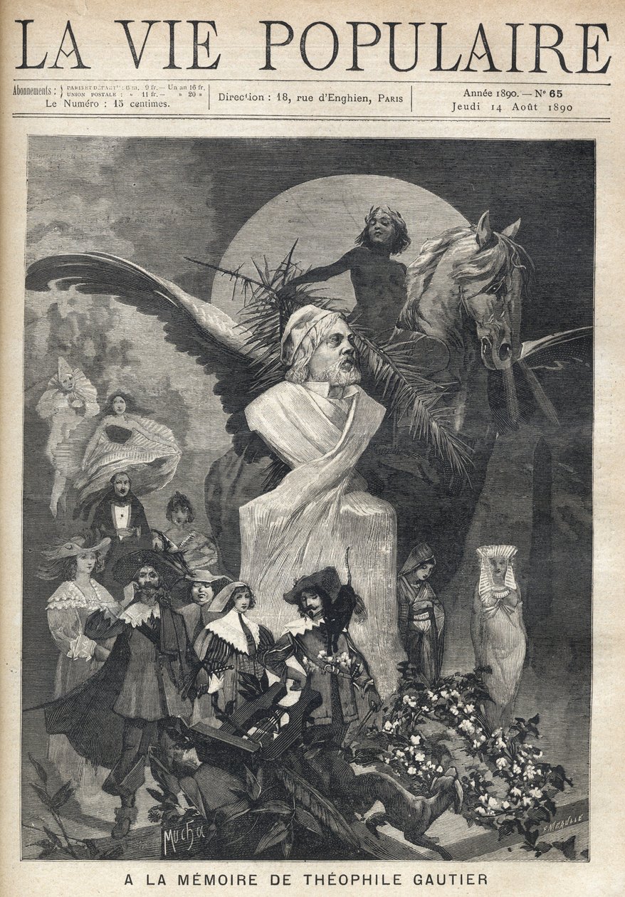Na památku Theophila Gautiera (1811-1872). Kolem busty spisovatele pobíhají postavy v kostýmech jeho děl se smutkem a důstojností, pod pohledem dítěte korunuje vavřín na koni. Ilustrace Alfons Maria Mucha (Alphonse Ma od Alphonse Mucha