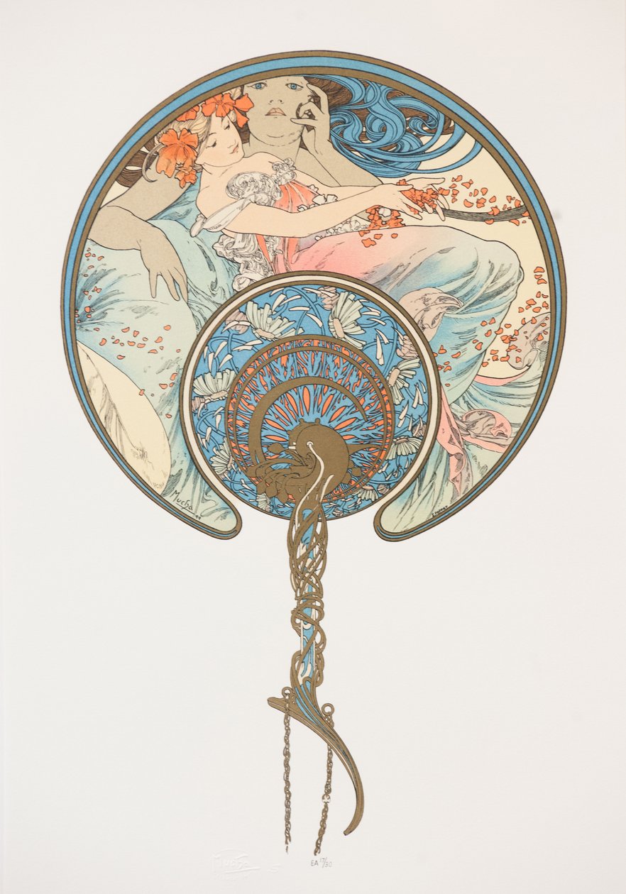 Procházející vítr unáší mládí. Vějíř, 1899. od Alphonse Mucha