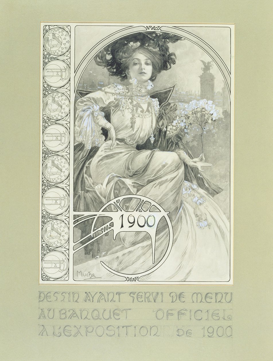 Oficiální banket pařížské mezinárodní výstavy 1900. Design pro menu. od Alphonse Mucha