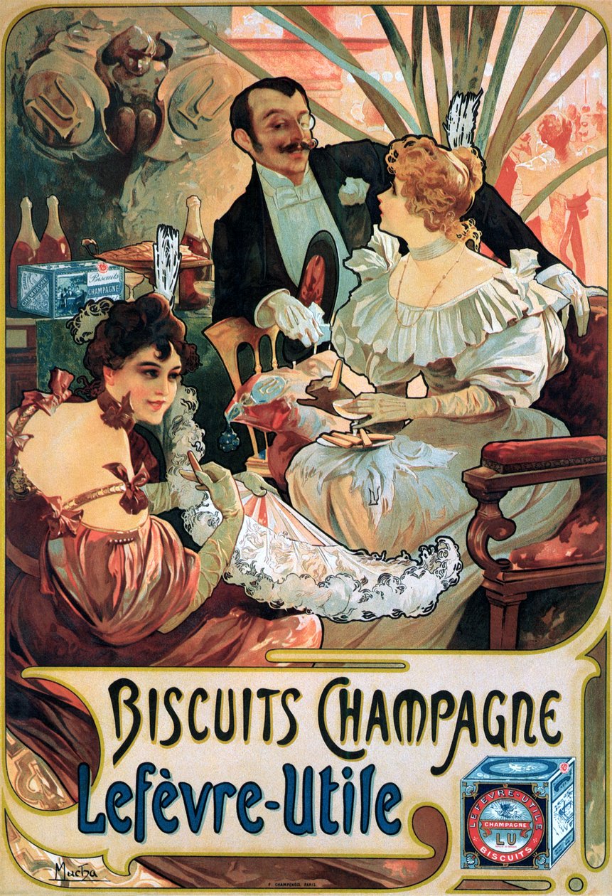 Plakátový reklamní plakát Sušenky Champagne Lefèvre-Utile od Alphonse Mucha