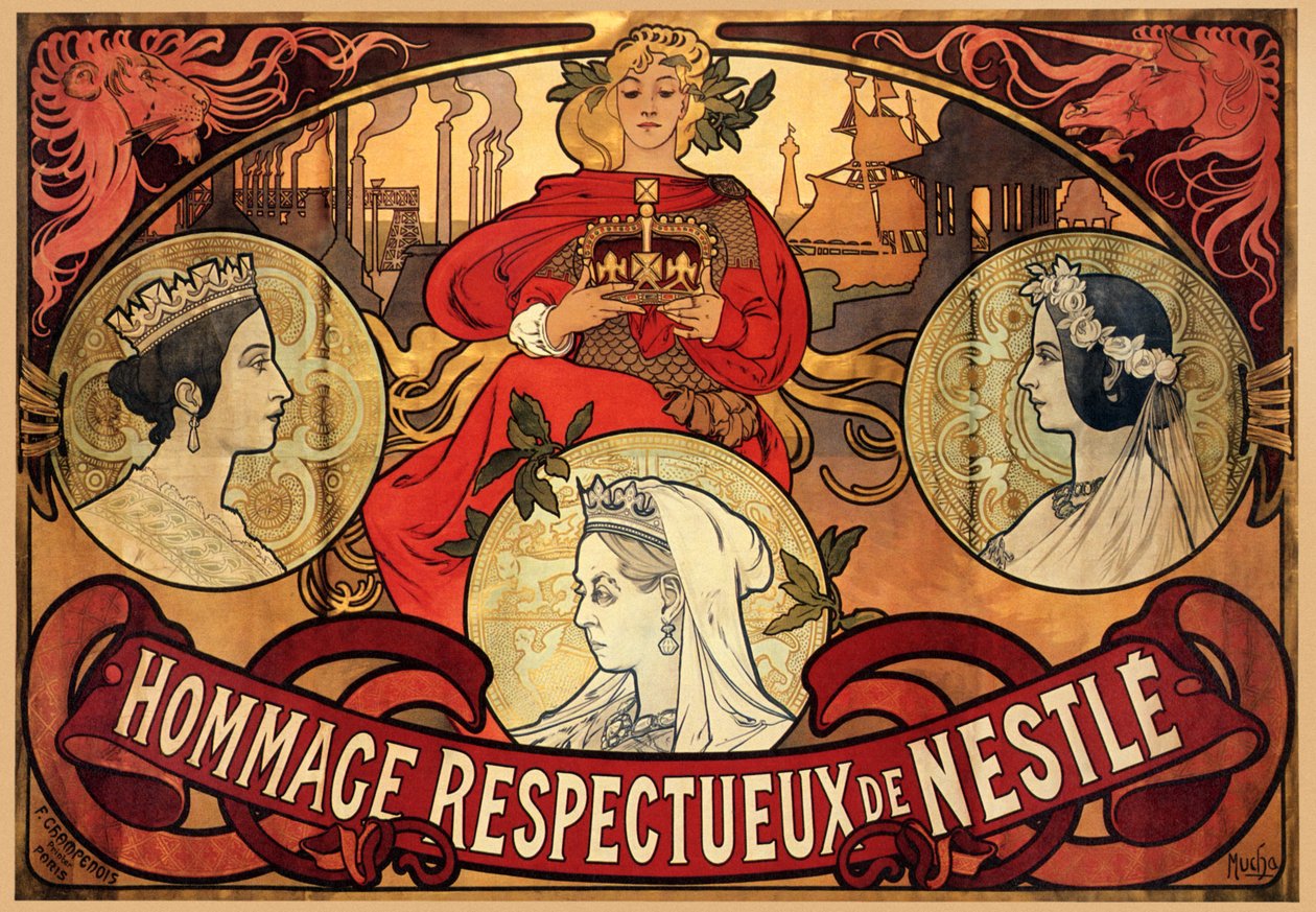 Plakátová reklama Nestlé, pocta diamantovému jubileu královny Viktorie, 1897 od Alphonse Mucha
