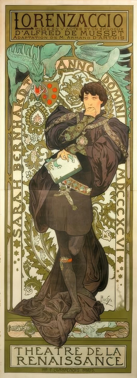 Sarah Bernhardt jako Lorenzaccio od Alphonse Mucha