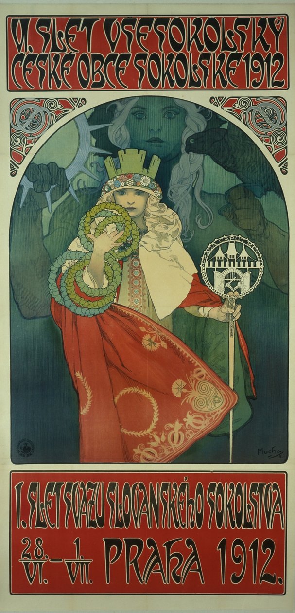 Plakát sokolského festivalu od Alphonse Mucha