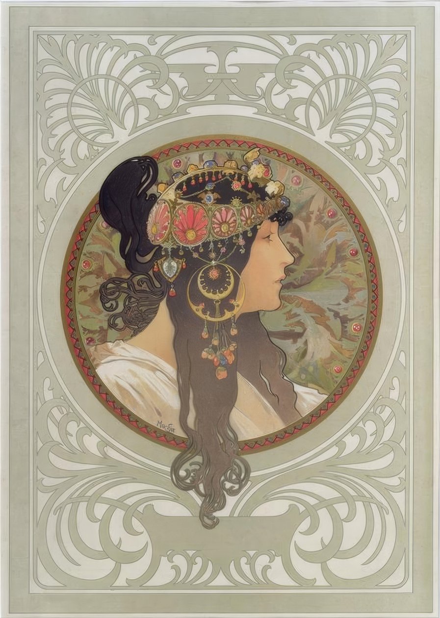 Byzantská hlava: Bruneta od Alphonse Mucha