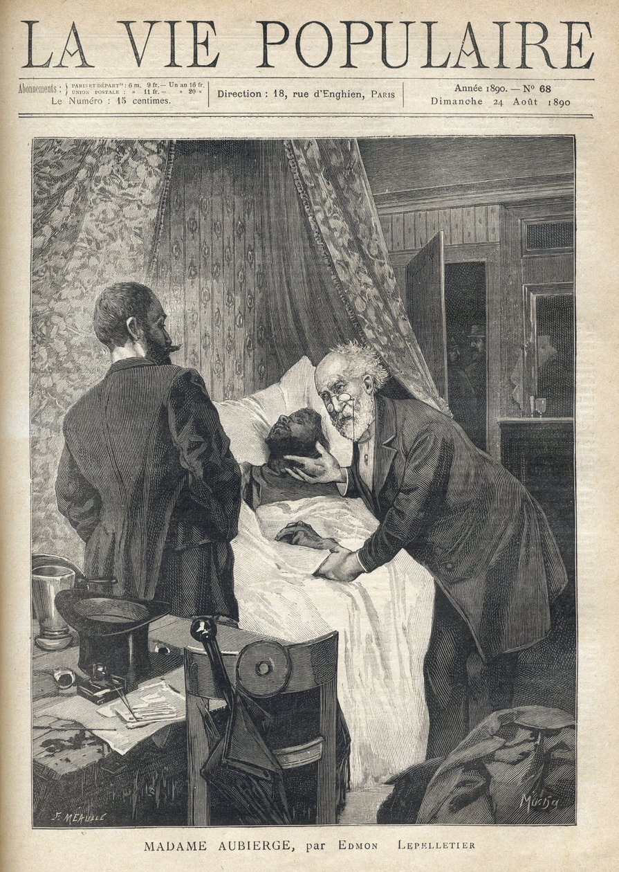 Dva muži se sklánějí nad postelí, aby viděli smrt muže. U dveří scénu sledují další muži. Ilustrace Alfons Maria Mucha (Alphonse Marie Mucha od Alphonse Mucha