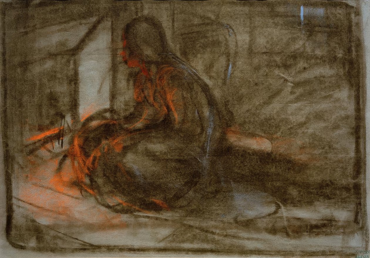 Žena sedící před ohněm od Alphonse Mucha