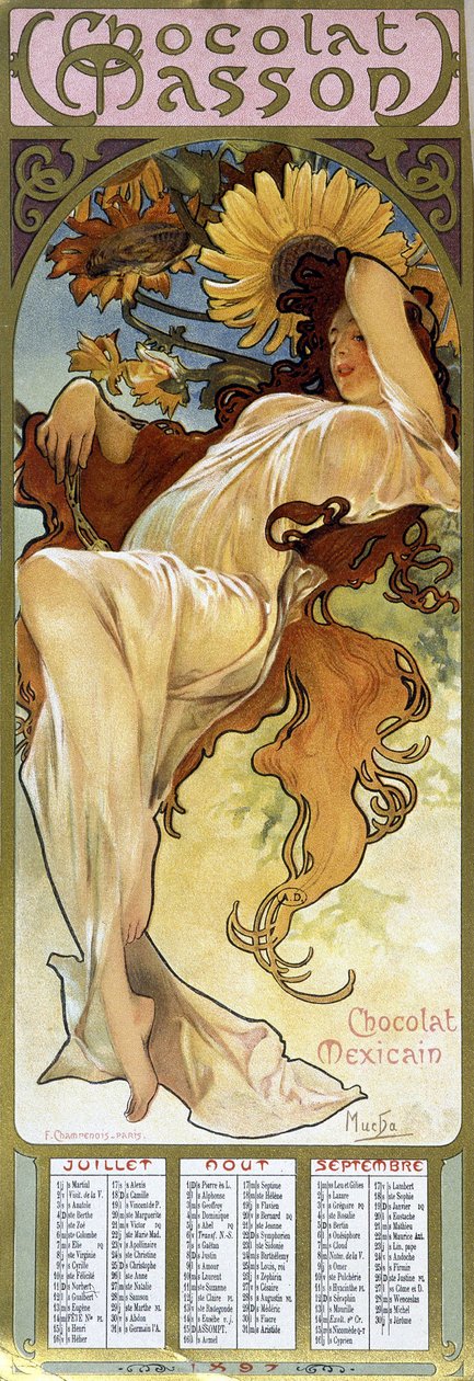 Žena v podzimní náladě - od Muchy, kalendář "" Chocolat Mexicain Chocolat Masson", červenec, srpen, září 1897. od Alphonse Mucha