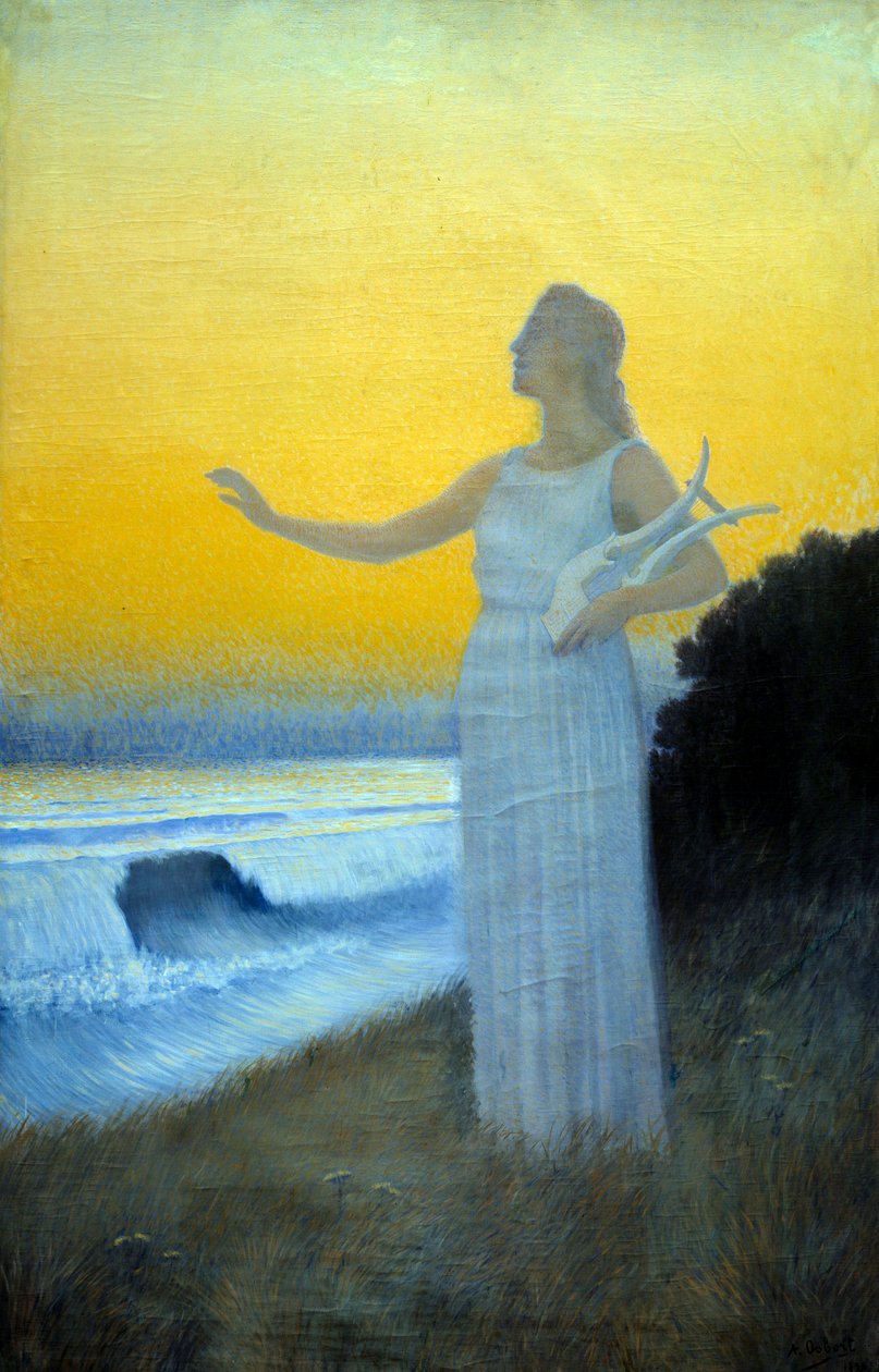 Hymna k moři Mladá žena držící lyru směrem k moři. Postava evokující řeckou básnířku Antiquite Sapho. Obraz Alphonse Osberta (1857-1939) Soukromá sbírka z roku 1900 od Alphonse Osbert