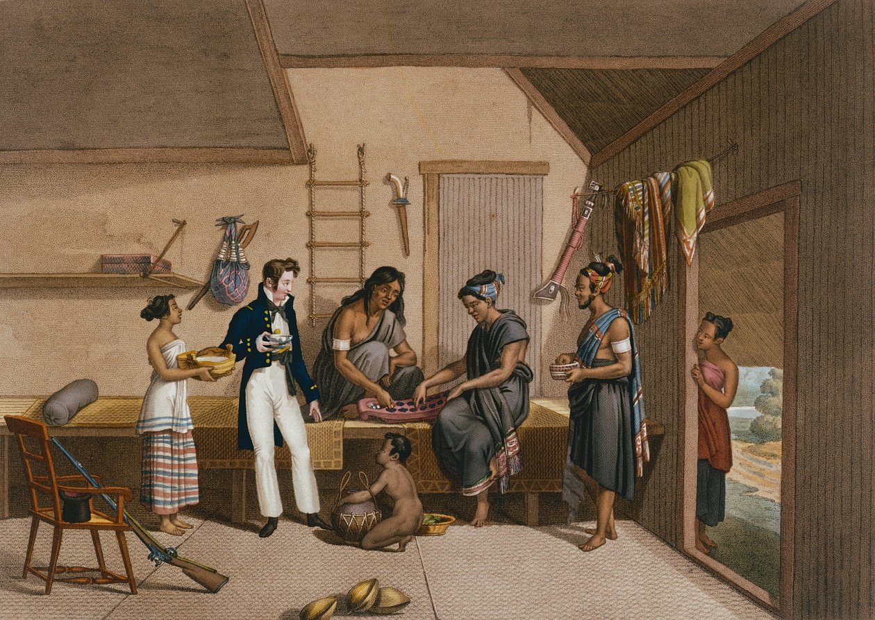 Interiér domu v Coupang, Timor, z „Voyage Autour du Monde sur les Corvettes de L