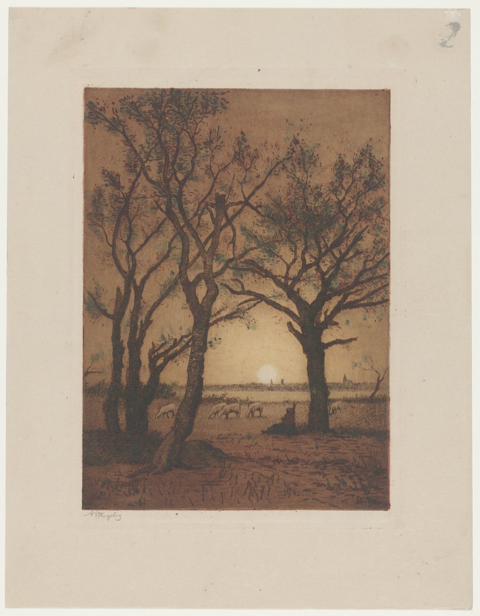Krajina s ovcemi při západu slunce Večerní krajina s ovcemi v Drenthe od Alphonse Stengelin (signed by artist)